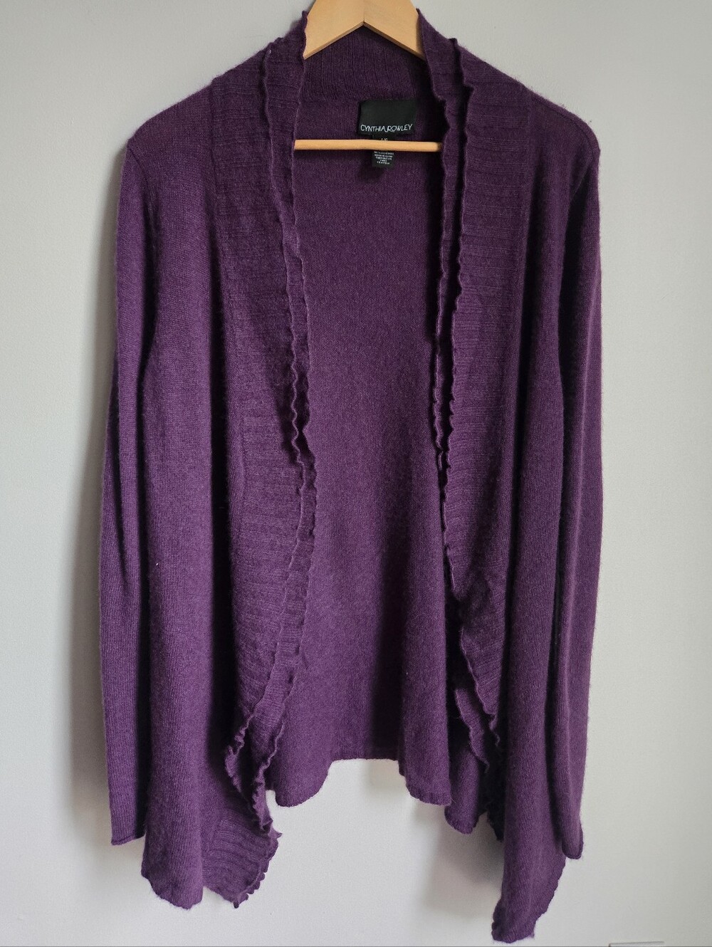 CYNTHIA ROWLEY Deep Purple Ruffle-Trim Cashmere Open Cardigan